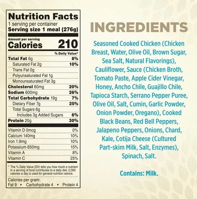 Spicy Black Beans Chicken & Riced Cauliflower Frozen Meal, 9.25 oz Pack of 6 D795