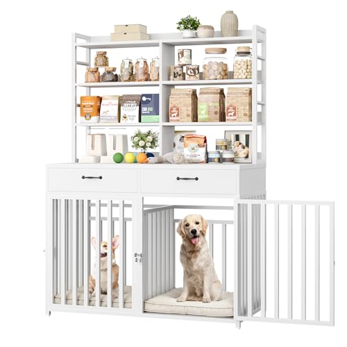 Black Wood & Metal Large Dog Crate Furniture with 4-Tier Shelves and 2 Storage Drawers T626099