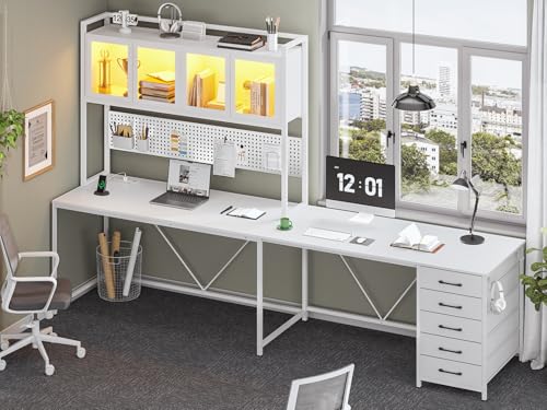 White L Shaped Gaming Desk with Drawers and Hutch S7705