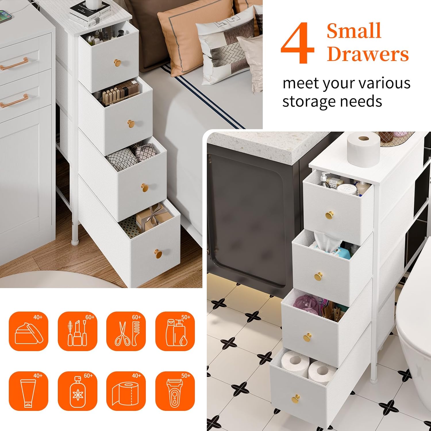 White 4 Drawer Slim Fabric Dresser with Steel Frame and Wood Top C699796