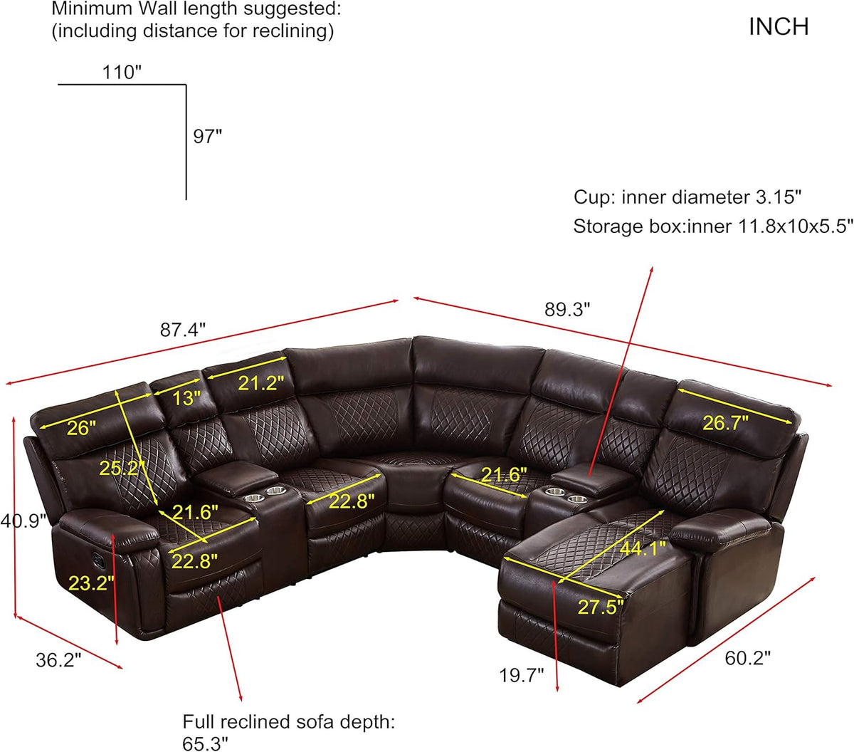 Brown PU Leather L Shape Reclining Sectional Sofa T9768