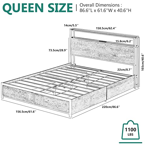 Full Size Metal Bed Frame with Storage Drawers, Rustic Brown X322