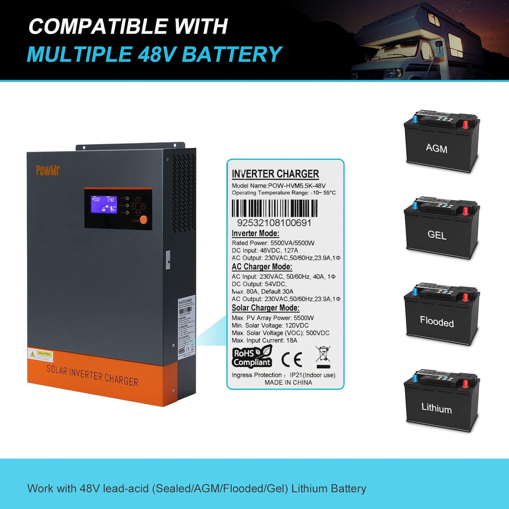 5500W Solar Hybrid Inverter with 80A MPPT Charge Controller 48V DC to 220/230V AC Pure Sine Wave Inverter O790