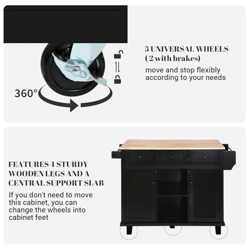 Large Kitchen Island On Wheels with Storage 54in Width Wood Island with Drawers Cabinet Spice Rack Towel Rack I50980