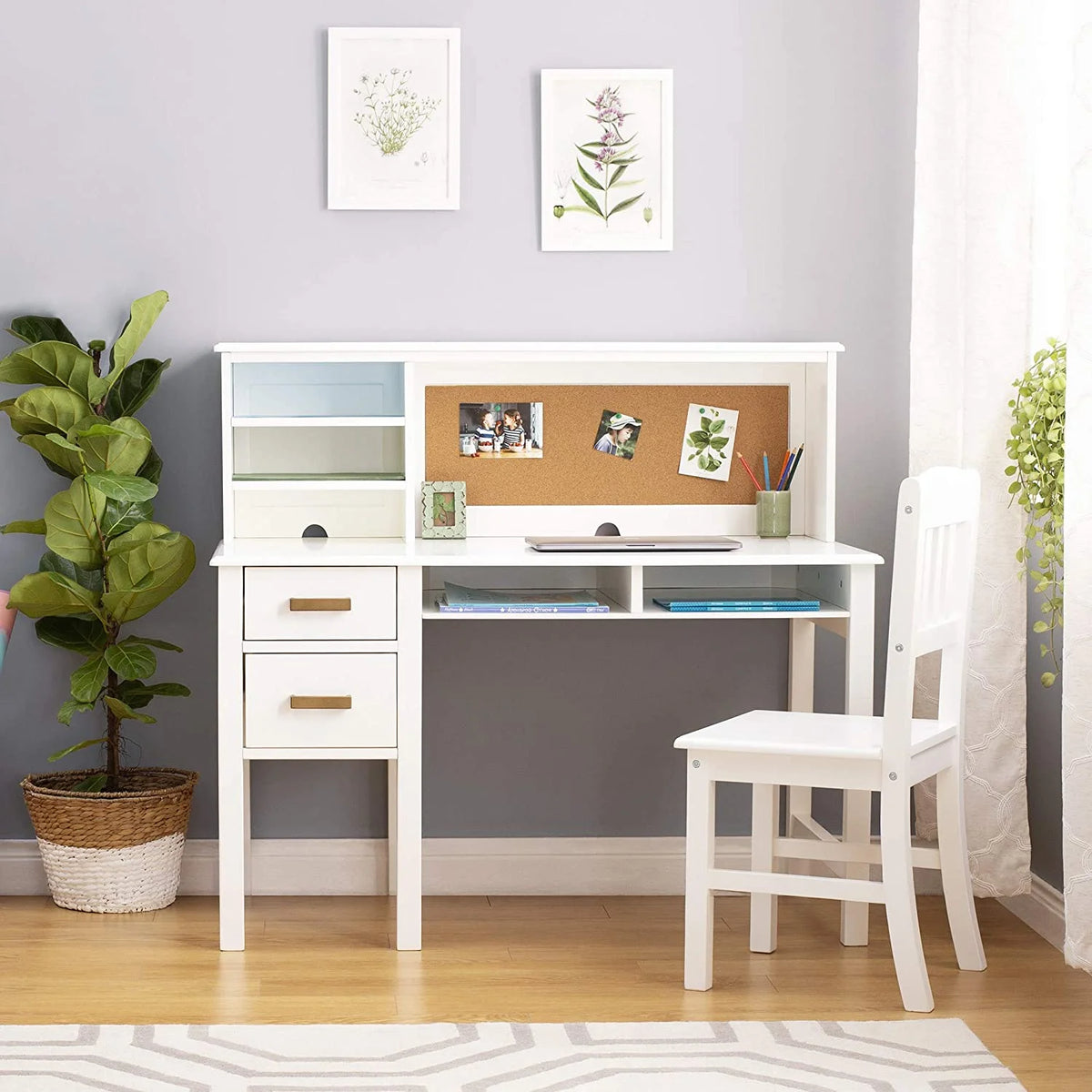 White Desk Hutch and Chair with Drawers T763977