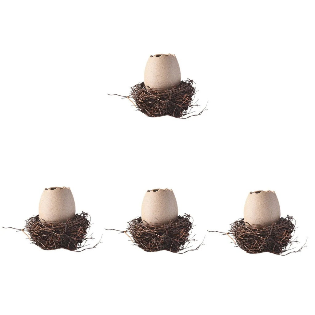 4 Sets Small Ceramic Vase Succulent Planter with Bird Nest V94560
