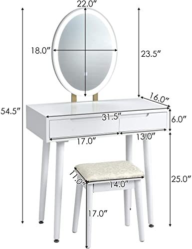 White Wooden Vanity Table Set with 3-Color Lighted Dimming Mirror, Cushioned Stool & 2 Sliding Drawer T59690