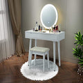 White Wooden Vanity Table Set with 3-Color Lighted Dimming Mirror, Cushioned Stool & 2 Sliding Drawer T59690