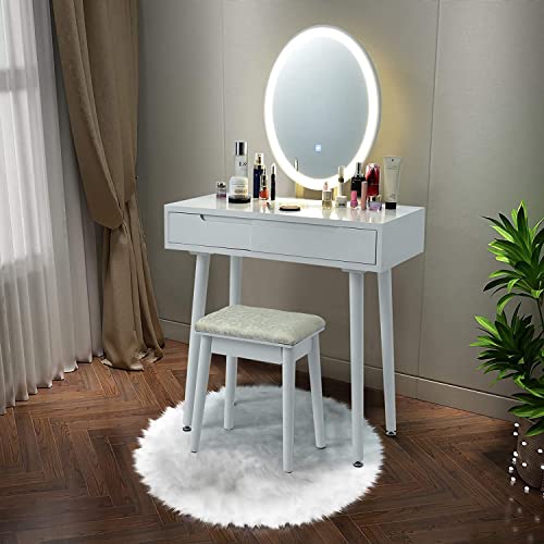 White Wooden Vanity Table Set with 3-Color Lighted Dimming Mirror, Cushioned Stool & 2 Sliding Drawer T59690