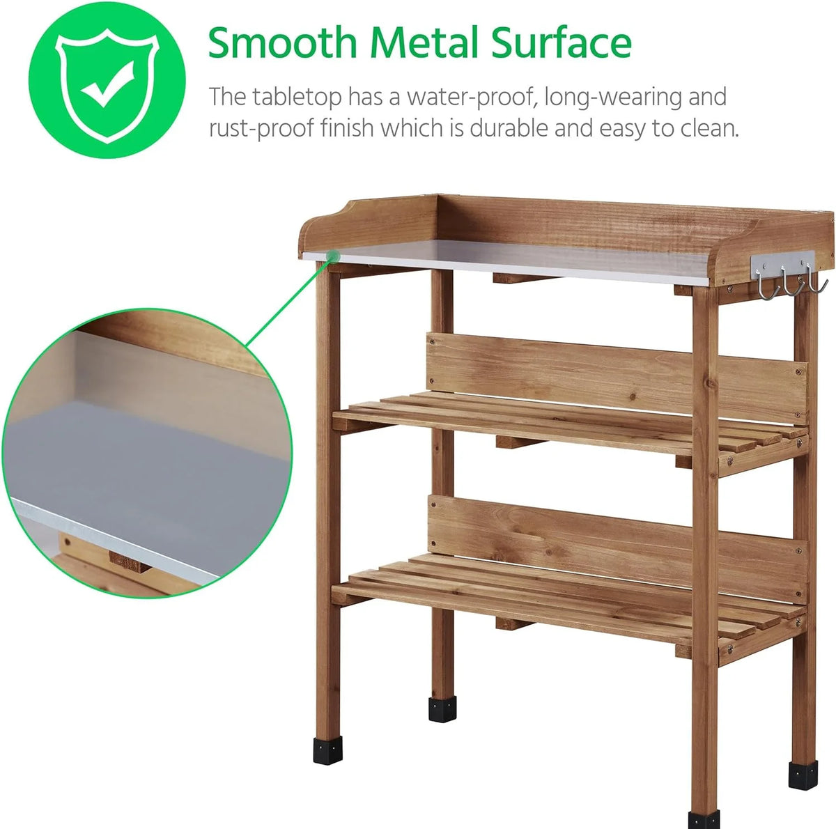 Brown Wooden Potting Bench with Metal Tabletop and Storage Shelf G62342
