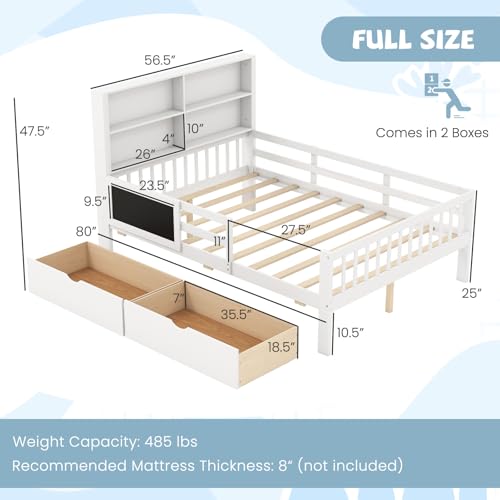 White Full Size Solid Wood Bed Frame with 2 Storage Drawers K79713