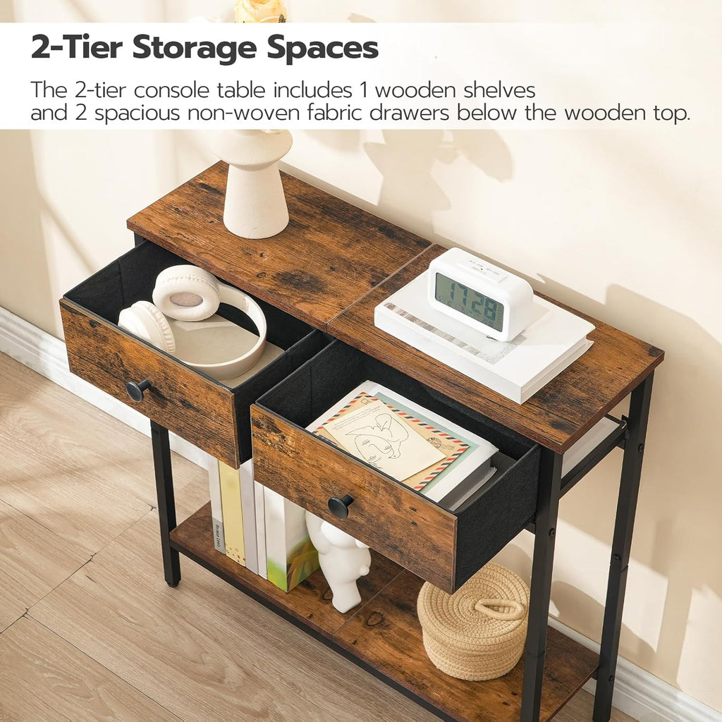 Rustic Brown and Black Narrow Console Table with 2 Fabric Drawers K707