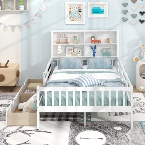 White Full Size Solid Wood Bed Frame with 2 Storage Drawers K79713