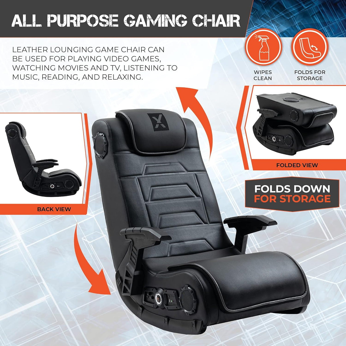 Black Leather Vibrating Floor Gaming Chair with Headrest Z23499