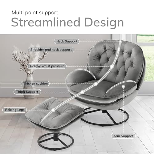 Gray Velvet Swivel Accent Chair with Ottoman Set L960