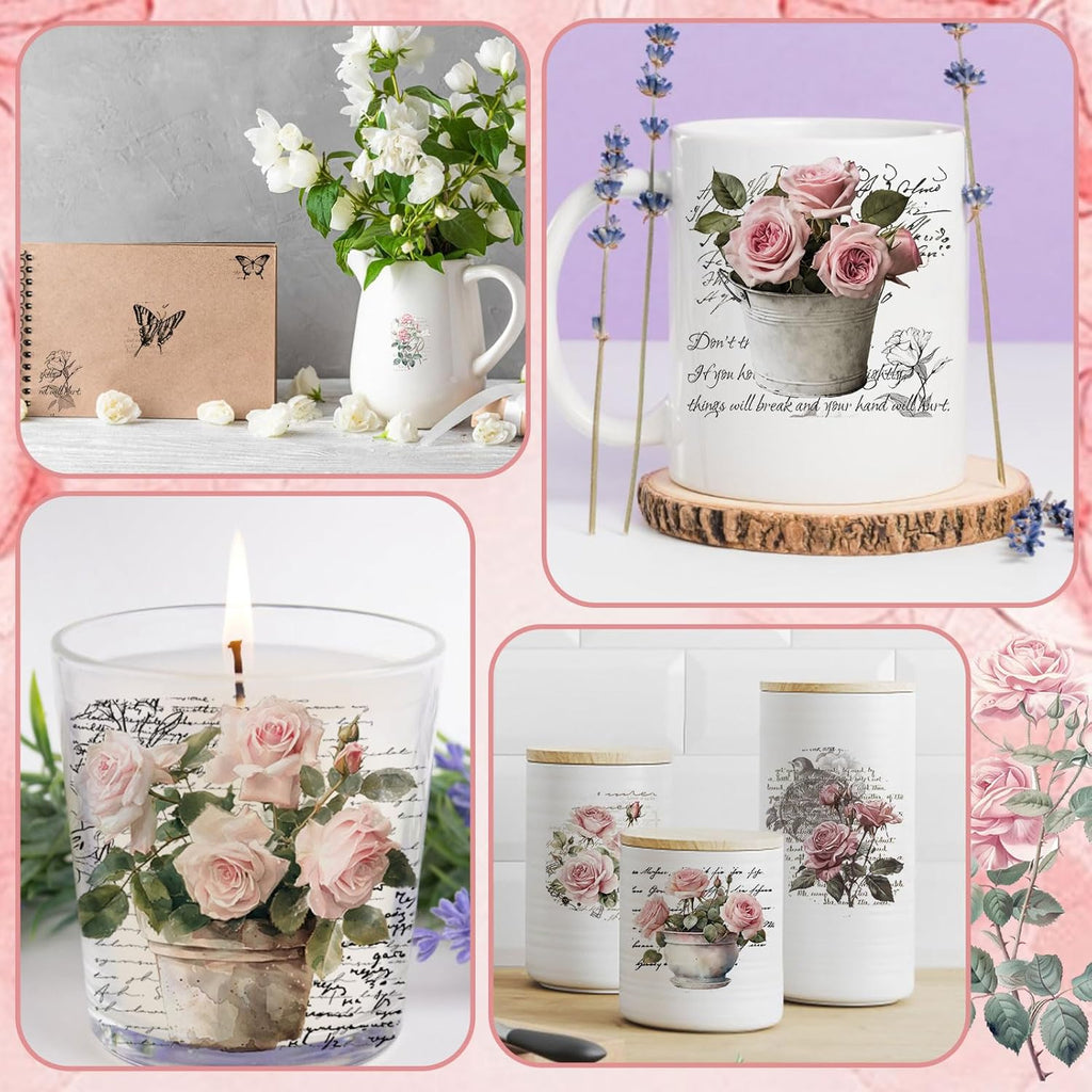 Vintage Pink Rose Waterproof Transfer Stickers, 10 Sheets, 11.8 * 3.9in E232101