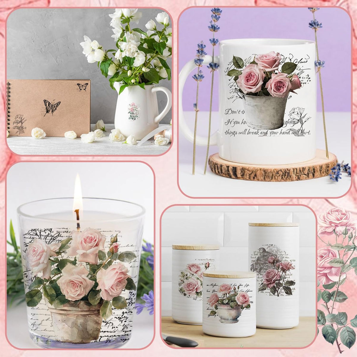 Vintage Pink Rose Waterproof Transfer Stickers, 10 Sheets, 11.8 * 3.9in E232101