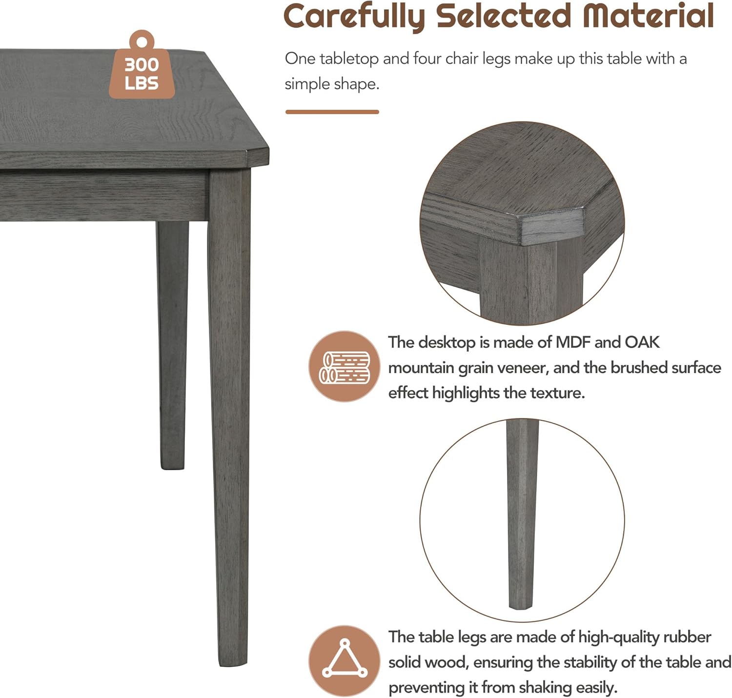 6-Piece Dining Table Set with 4 Upholstered Chairs and 1 Bench, Solid Wood, Dark Gray R132579