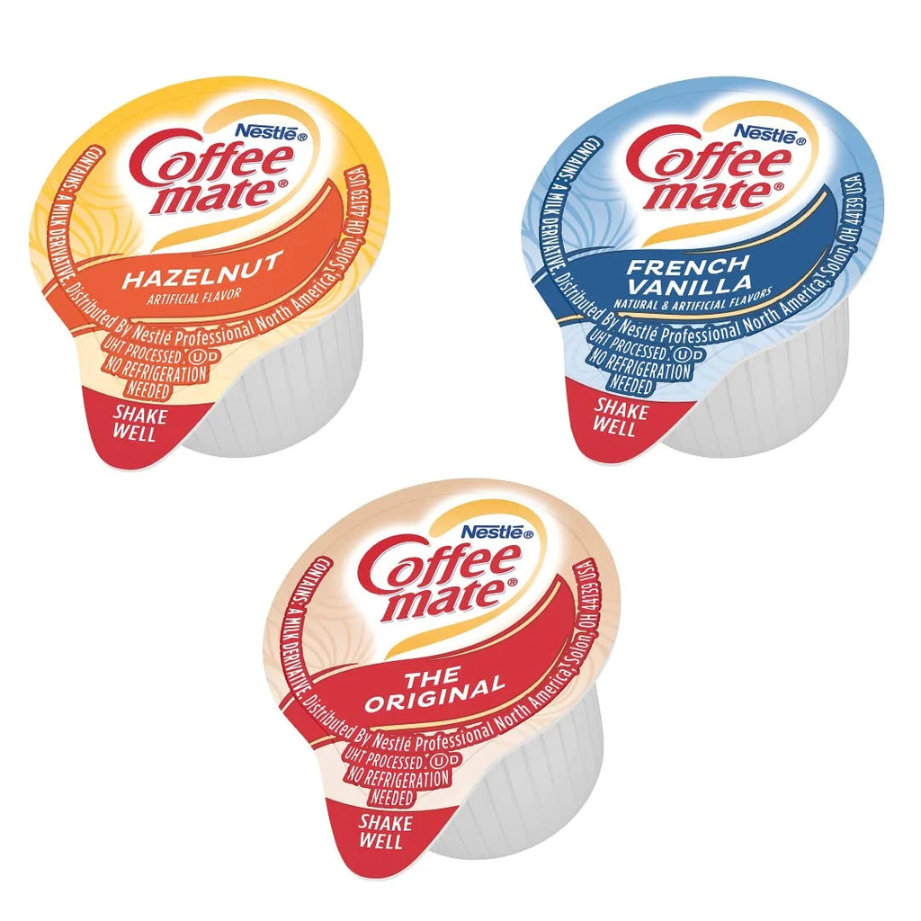 Liquid Non-Dairy Creamer Singles Variety Pack, Original, French Vanilla, & Hazelnut - Box Of 100 T3658