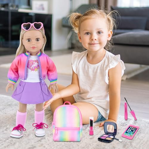 18 Inch Doll Clothes and Makeup Accessories Set with Rainbow Backpack A20017