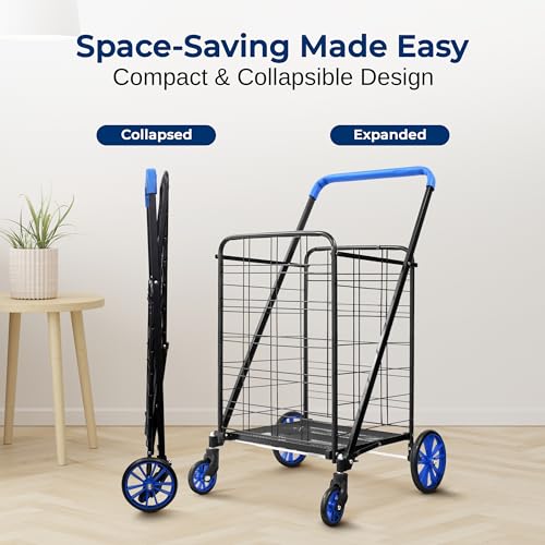 Folding Grocery Utility Shopping Cart with 360 Swivel Wheels, Double Basket, 110 lbs Capacity V4425