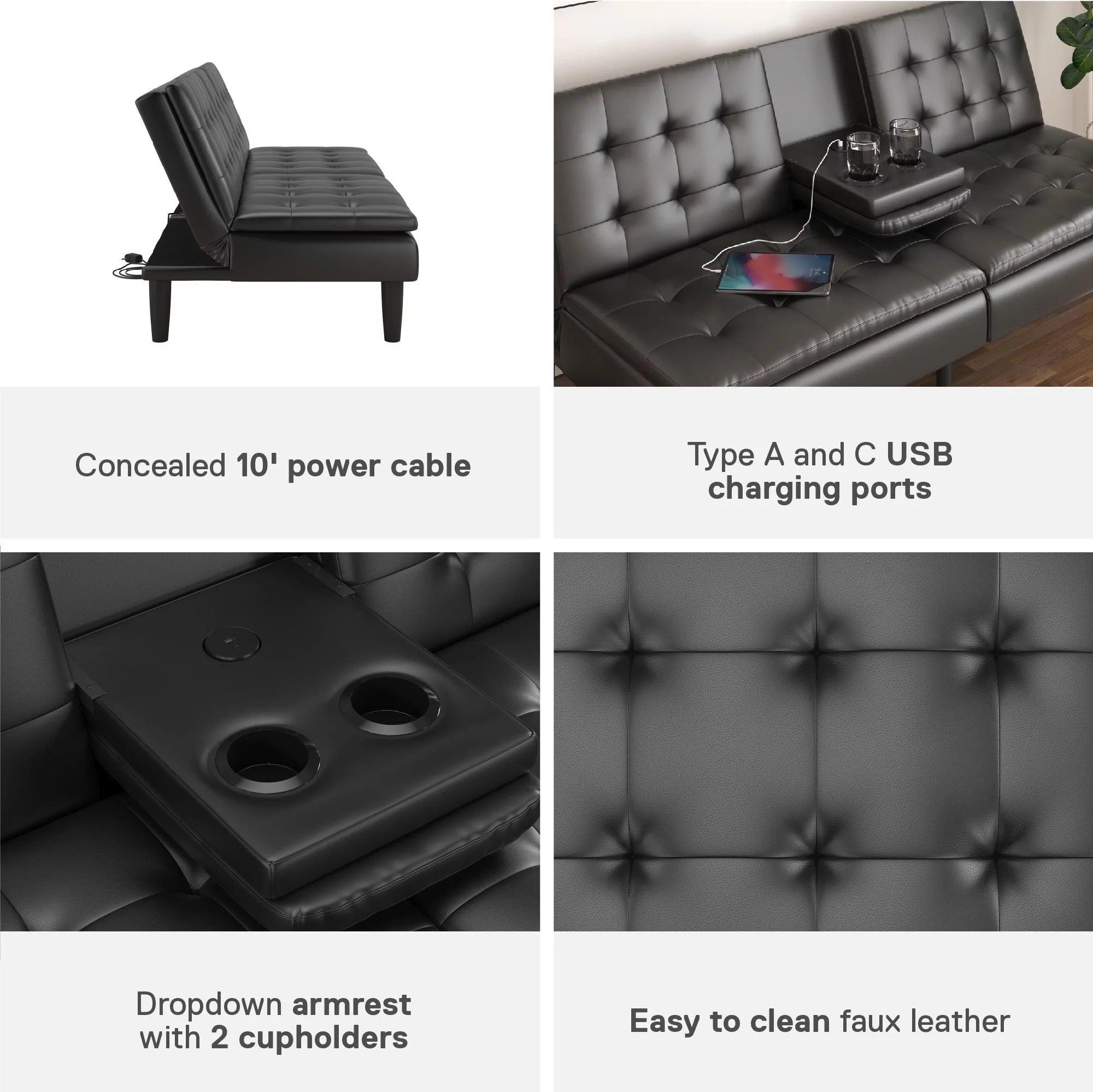 Black Faux Leather Memory Foam Futon with Cupholder and USB O2438