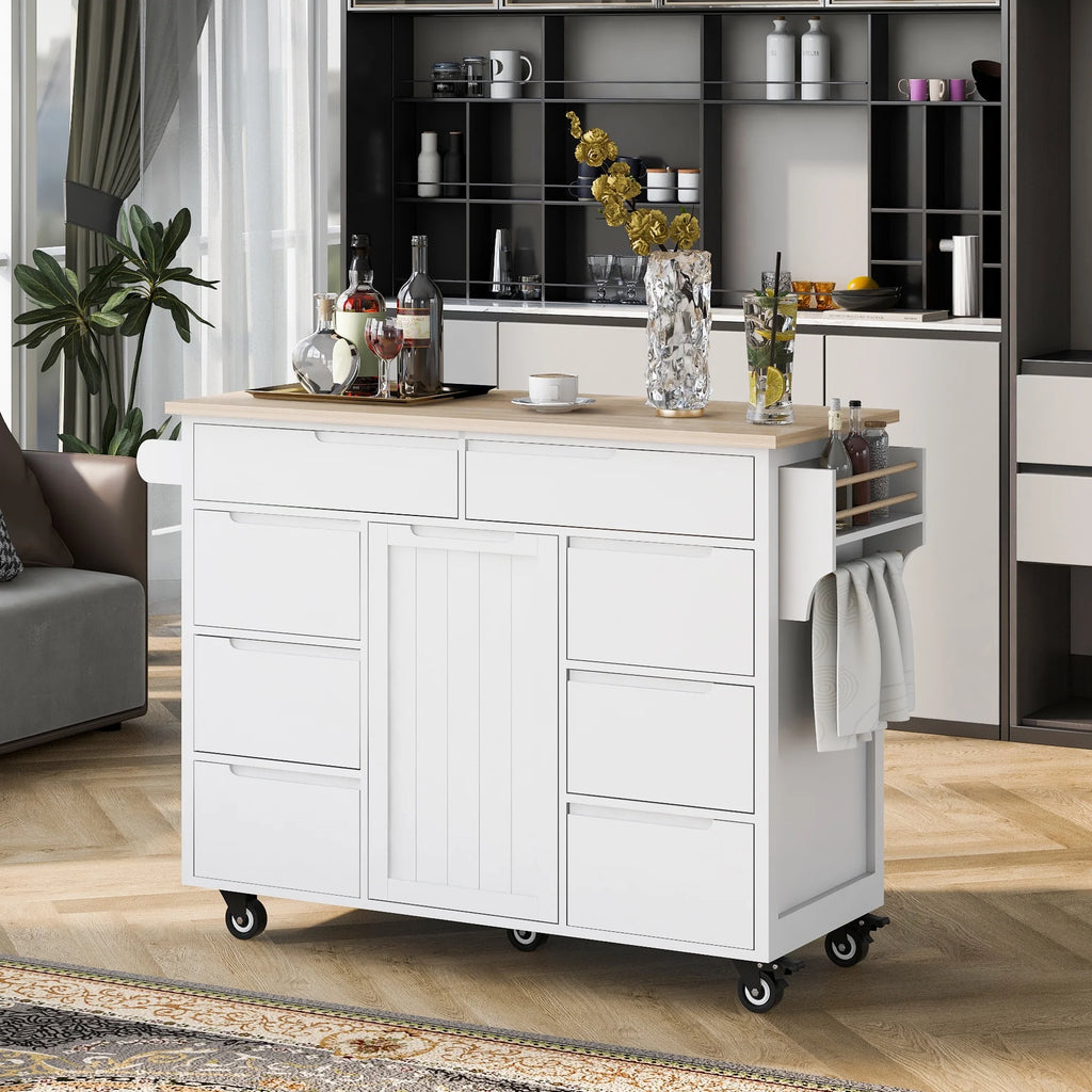 Rolling Kitchen Island with Storage, Rubber Wood Mobile Kitchen Cart with Lockable Wheels, Drawers, Shelves T324419