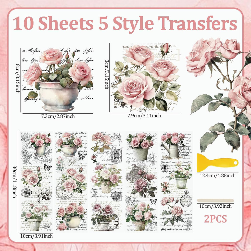 Vintage Pink Rose Waterproof Transfer Stickers, 10 Sheets, 11.8 * 3.9in E232101
