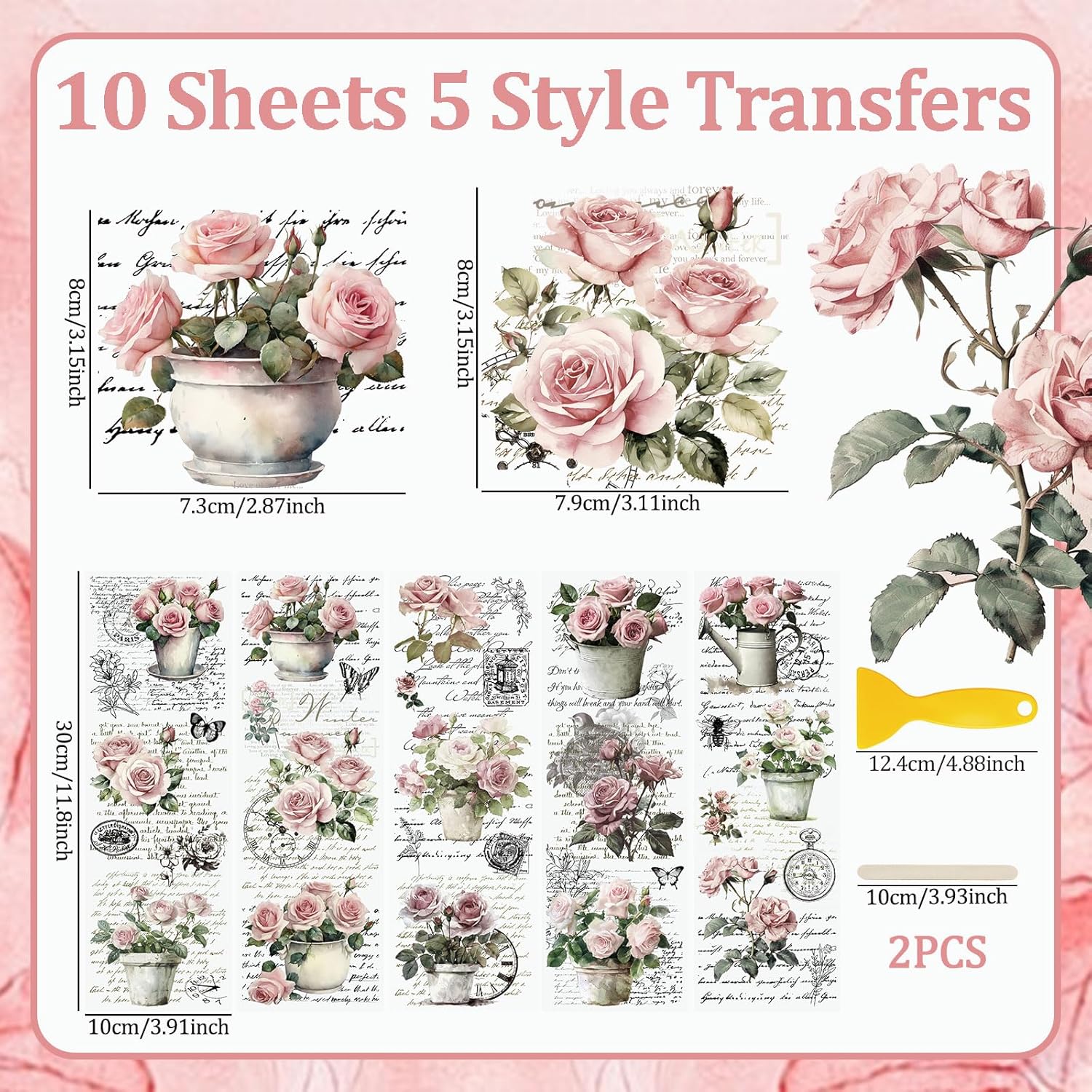 Vintage Pink Rose Waterproof Transfer Stickers, 10 Sheets, 11.8 * 3.9in E232101