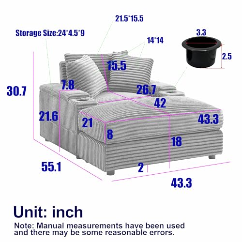 Oversized Corduroy Convertible Sleeper Sofa with Ottoman, Grey V961