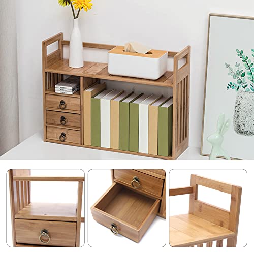 Bamboo Desktop Bookshelf with 3 Drawers (Nut-Brown) Q947