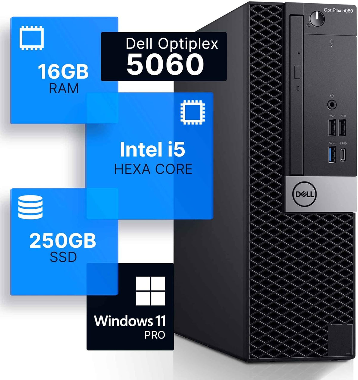 Dell Optiplex 5060 Desktop Computer Hexa Core Intel i5 16GB DDR4 RAM 250GB SSD Windows 11 Professional Black I43078
