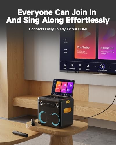Smart Karaoke Machine with Lyrics Display, 32GB, 2 Wireless Mics, 300W Peak Power, 4 DJ Lights B568