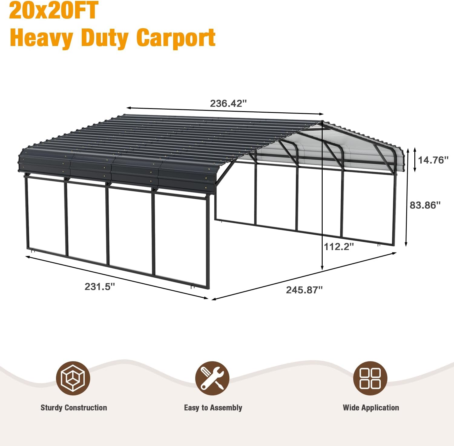 20' x 20' Metal Carport with Galvanized Steel Roof, Grey S636977