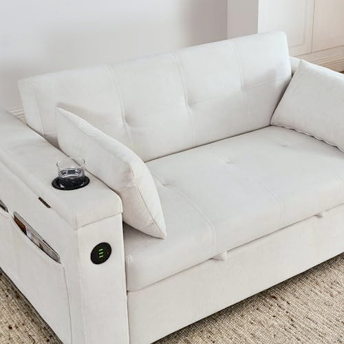 White Chenille 2-Seater Convertible Sofa Bed with USB Power Outlet V797715