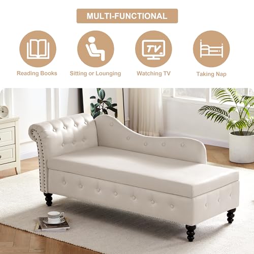 Beige Tufted Velvet Chaise Lounge with Storage W28441