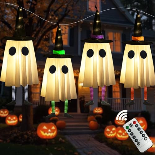 Set of 4 Halloween Hanging Ghosts with Witch Hat J679