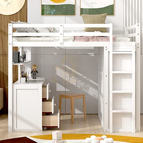 Full Loft Bed with Desk, Wood, Storage Drawers, Wardrobe and Shelf, Espresso R463950