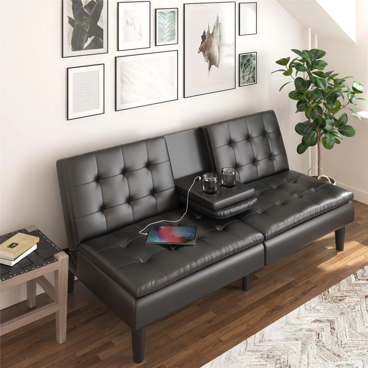 Black Faux Leather Memory Foam Futon with Cupholder and USB O2438
