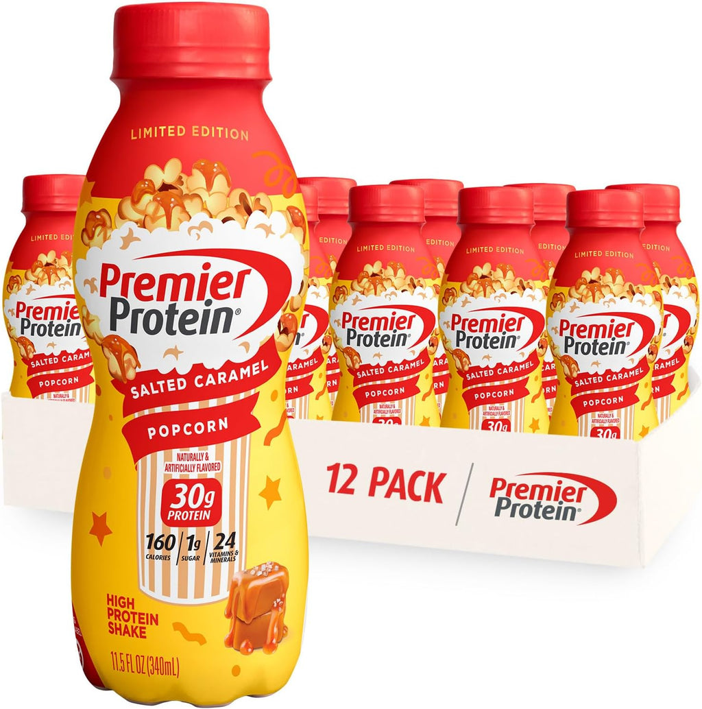 12 Pack Premier Protein Shake, 30g Protein, Salted Caramel Popcorn and Bananas & Cream Flavors V74527
