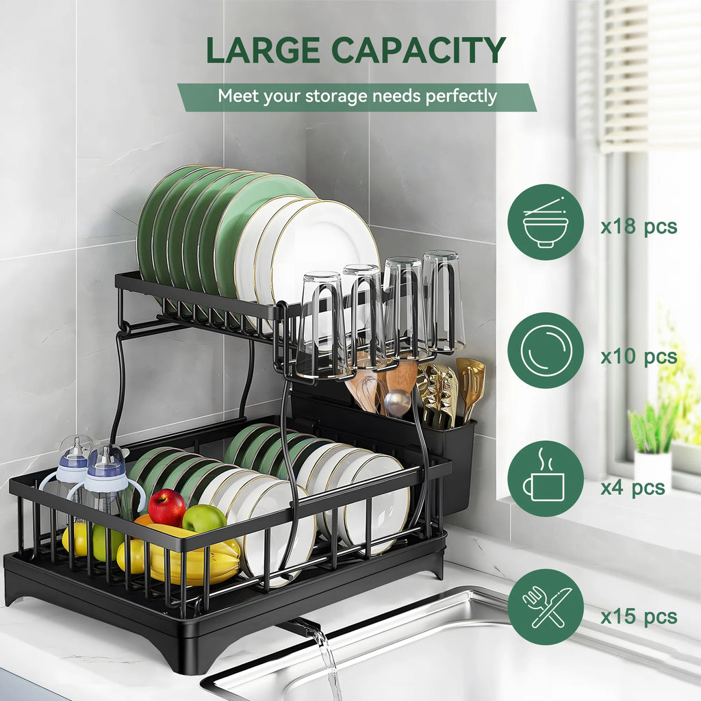 2 Tier Stainless Steel Dish Drying Rack with Drain Board U243