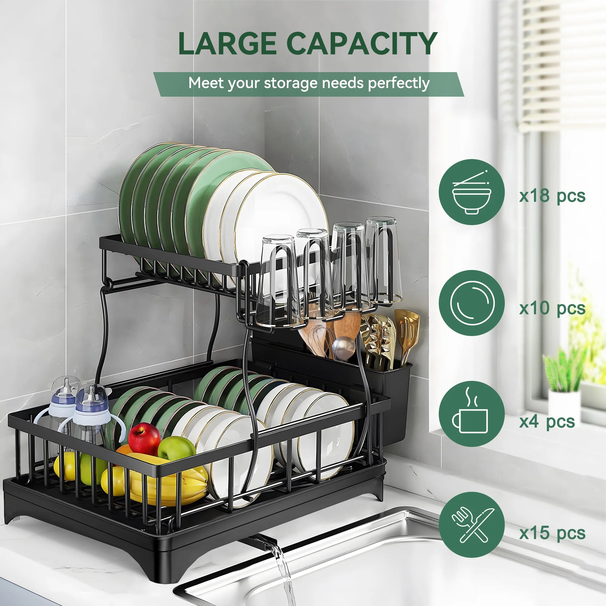 2 Tier Stainless Steel Dish Drying Rack with Drain Board U243