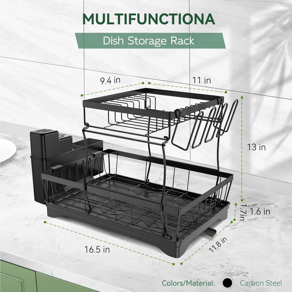 2 Tier Stainless Steel Dish Drying Rack with Drain Board U243