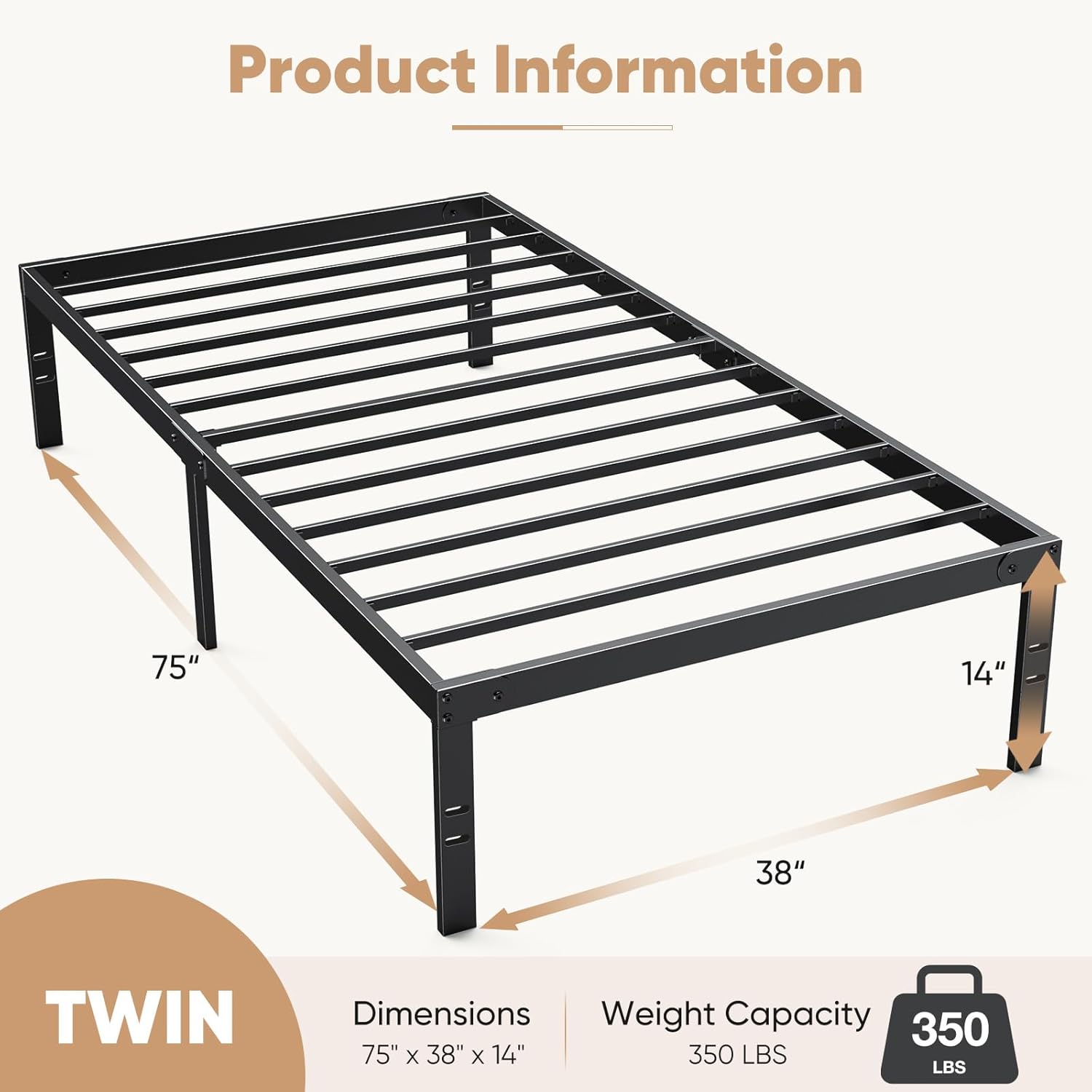Twin Size Metal Platform Bed Frame with Steel Slat Support, Black K149