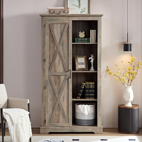 Tall Storage Cabinet Bookcase with Sliding Barn Door and Adjustable Shelf I423