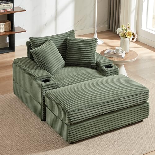 Oversized Corduroy Convertible Sleeper Sofa with Ottoman, Grey V961