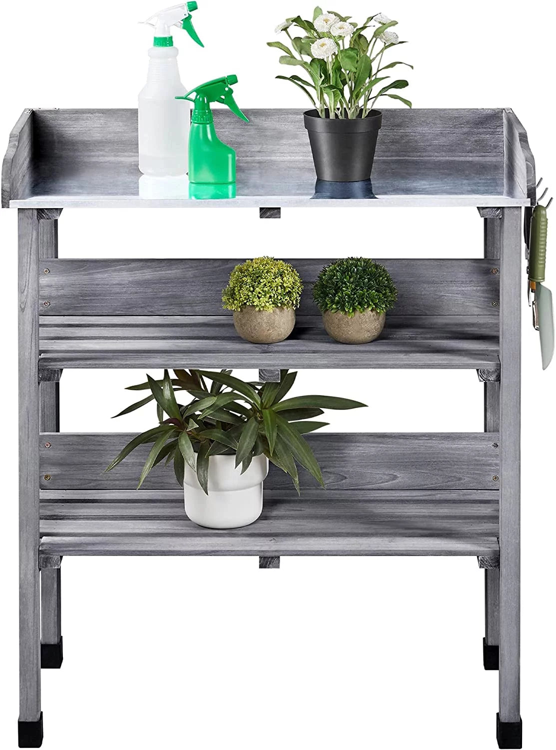 Brown Wooden Potting Bench with Metal Tabletop and Storage Shelf G62342
