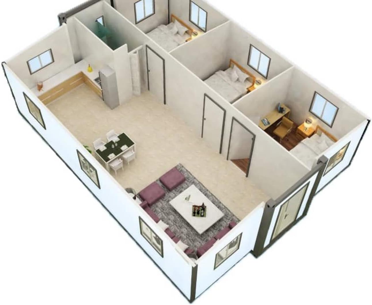 40FT Portable Prefab House with 3 Bedroom 1 Bathroom and Kitchen Z7296
