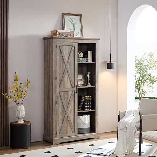 Tall Storage Cabinet Bookcase with Sliding Barn Door and Adjustable Shelf I423