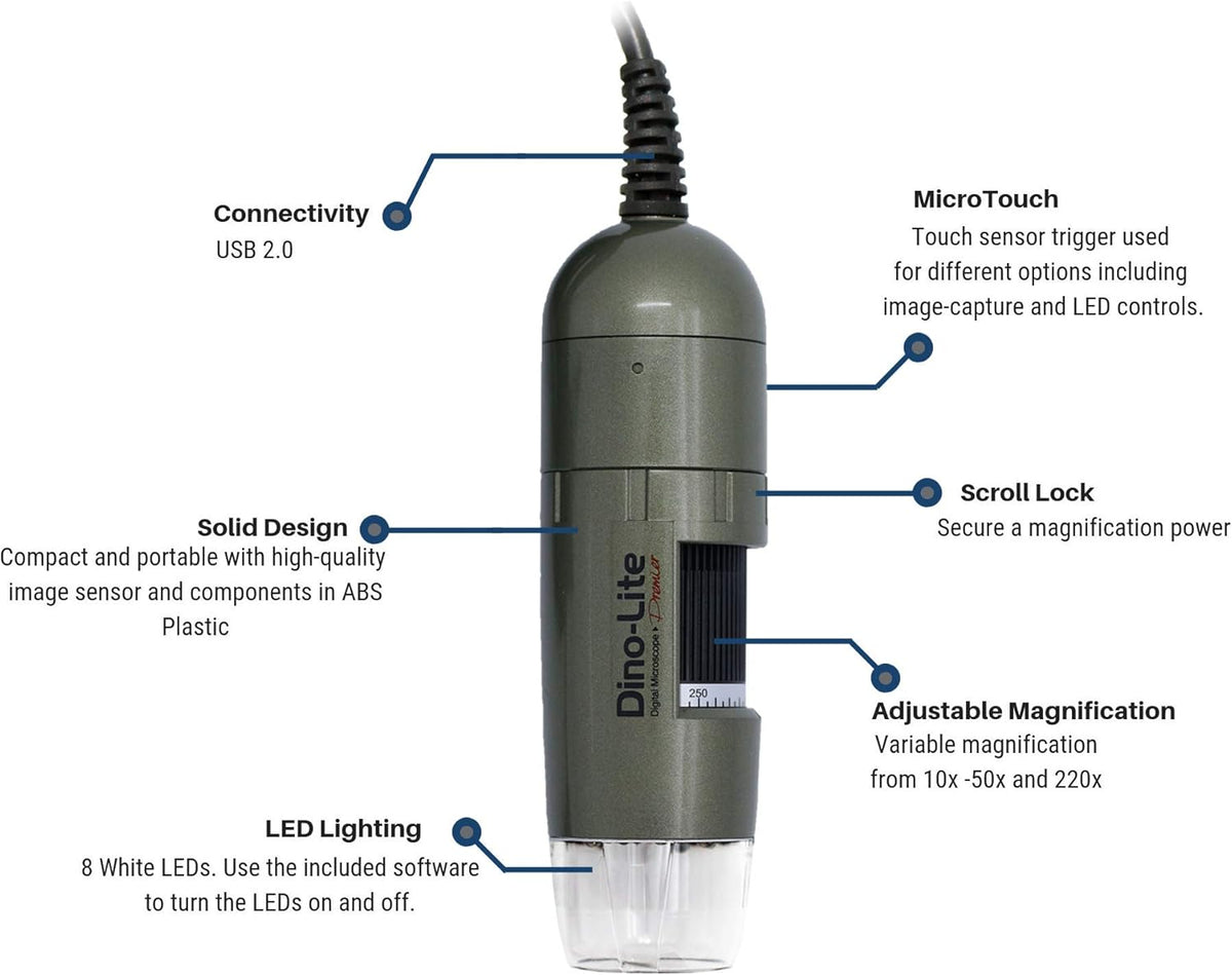 USB Digital Microscope, 1.3MP, 10x - 50x, 220x Optical Magnification J63674